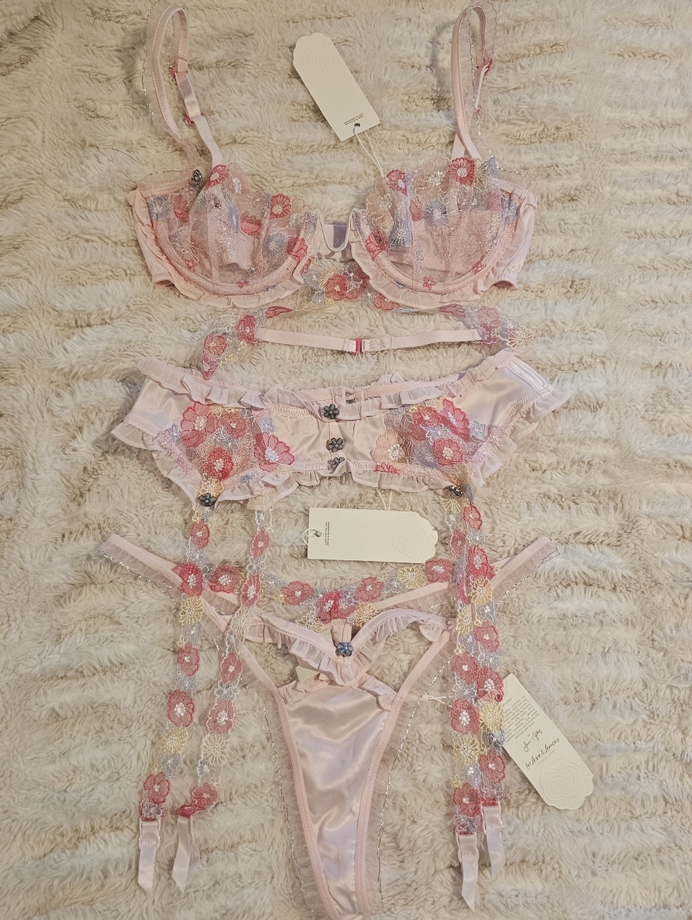 For Love And Lemons Pink Floral Lace Bra Set with Garter & Thong